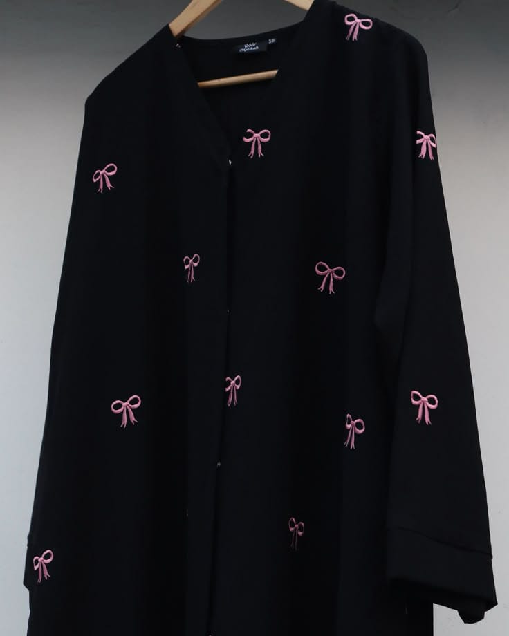 Black Abaya with Pink Bow Embroidery