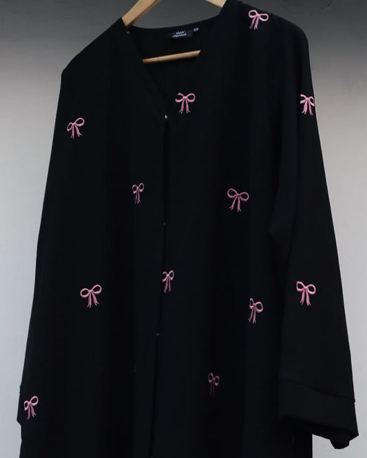 Black Abaya with Pink Bow Embroidery