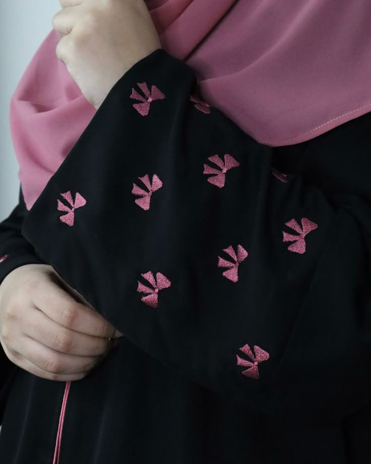 Black Abaya with Pink Bow Embroidery