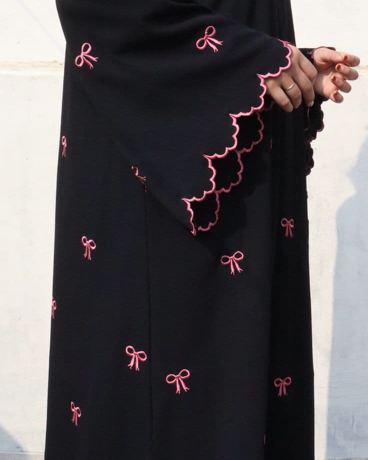 Black Abaya with Pink Bow Embroidery