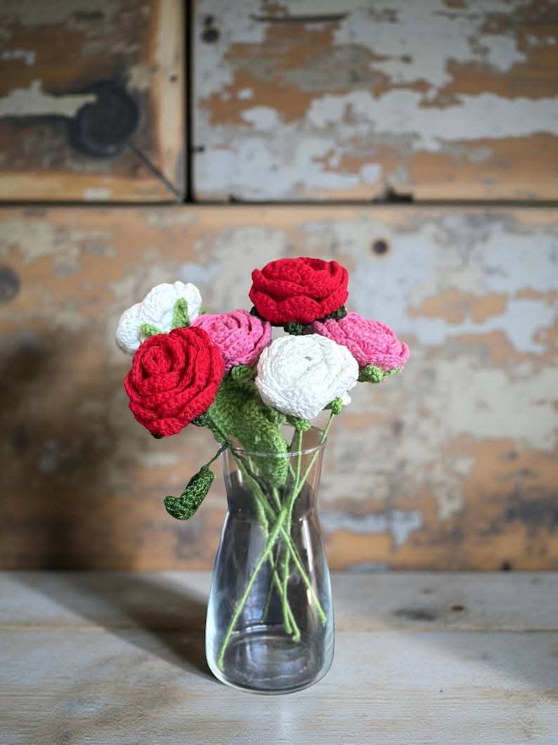 Handmade Crochet Flower with 2 Leaves – Lasting Floral Decor