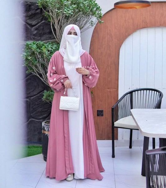 Embroidered Flowers Coat Abaya 4 pieces