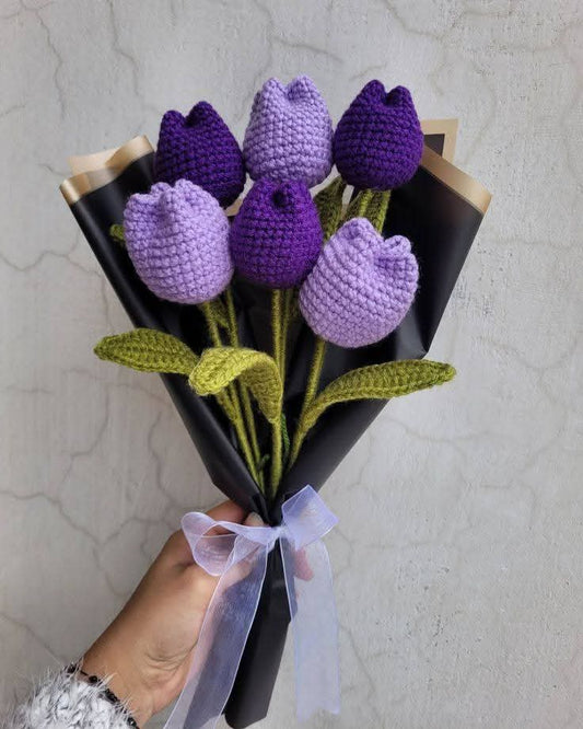 Handmade Crochet Tulip Flower with Leaf – Elegant Floral Decor