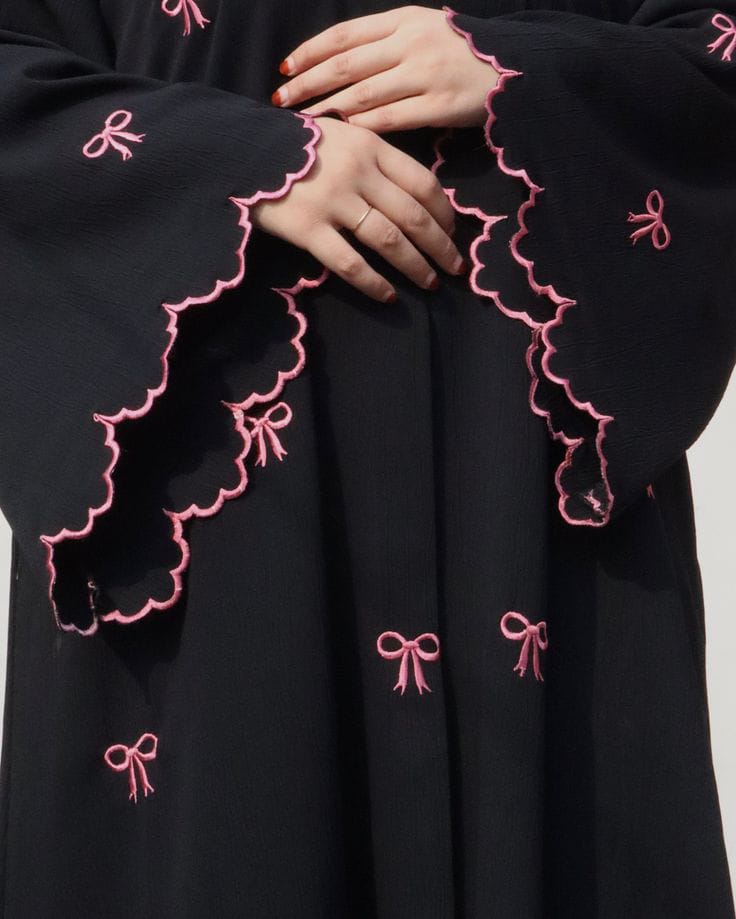 Black Abaya with Pink Bow Embroidery