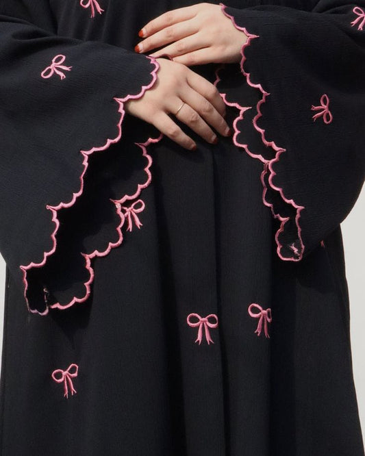 Black Abaya with Pink Bow Embroidery